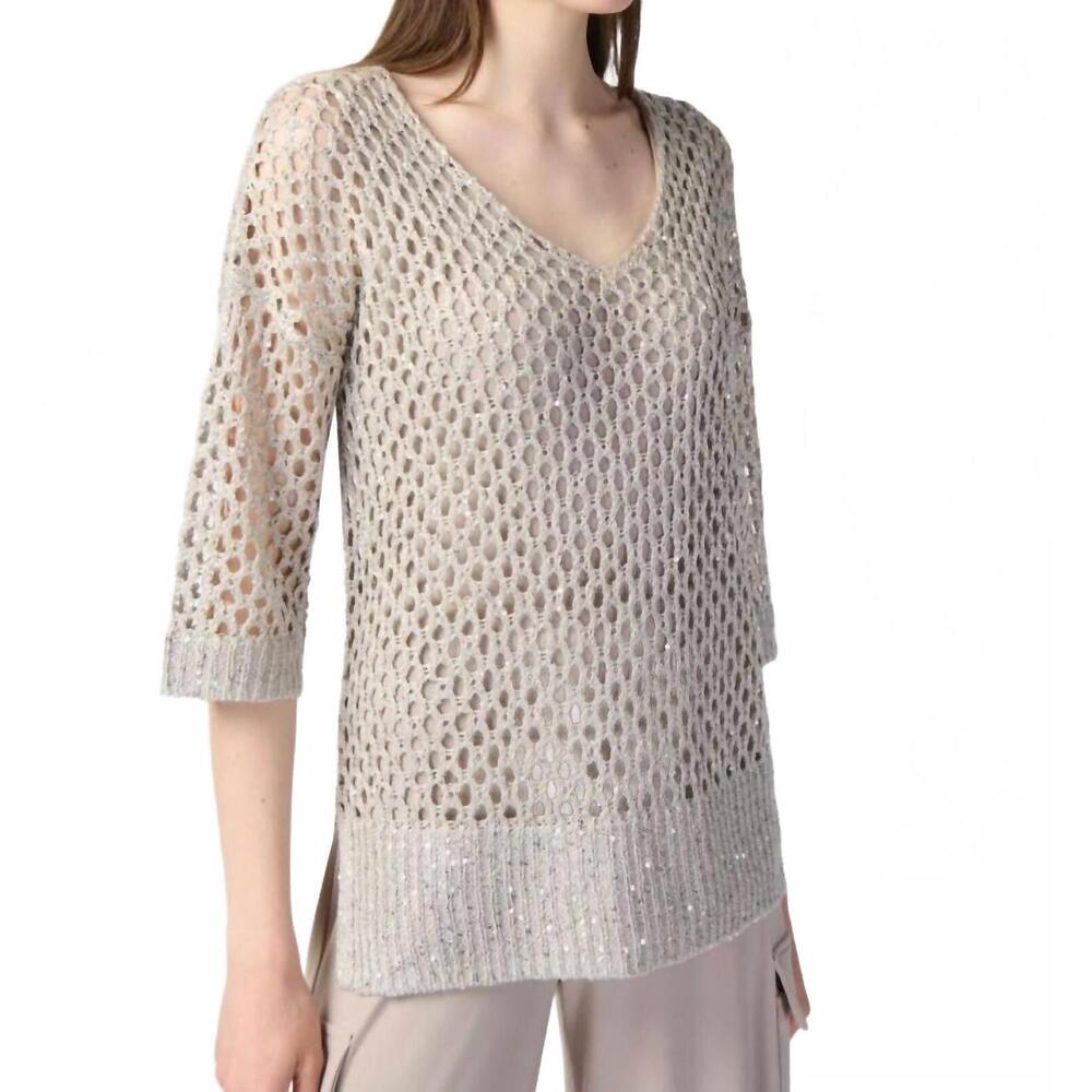 NEW JOSEPH RIBKOFF sequined v-neck 3/4 sleeve crochet top in champagne
